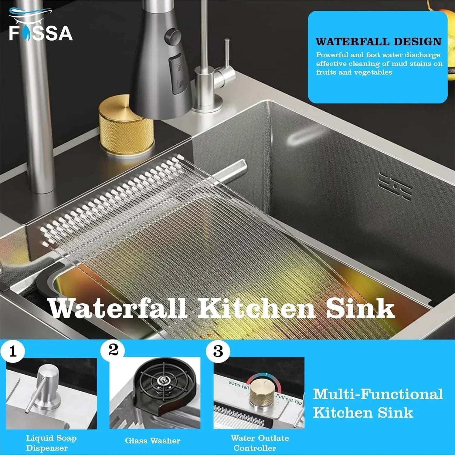 Smart Waterfall (37"x18"x10) Inch 304 Stainless Steel Kitchen Sink Silver-4