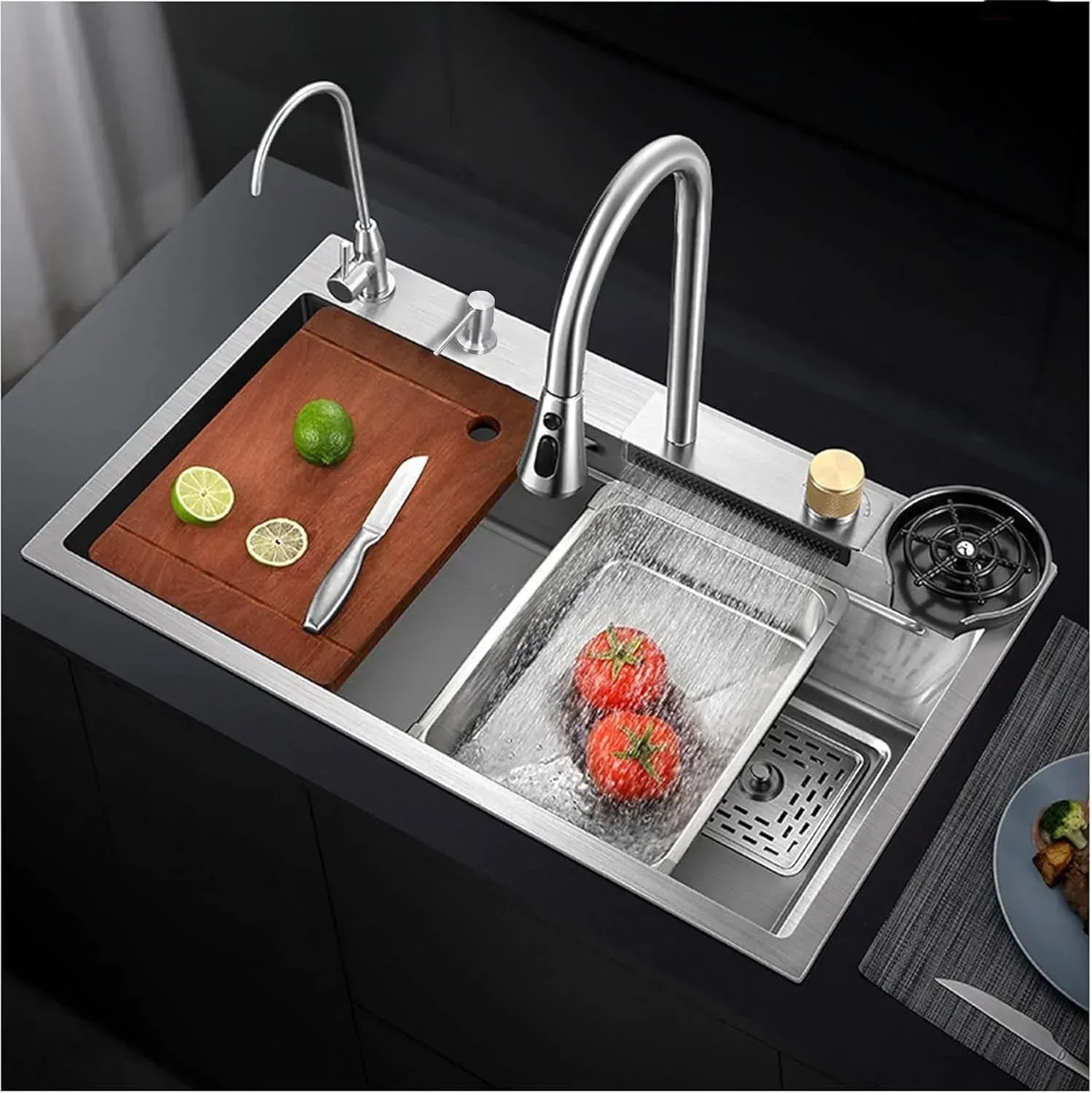 Smart Waterfall (37"x18"x10) Inch 304 Stainless Steel Kitchen Sink Silver-0